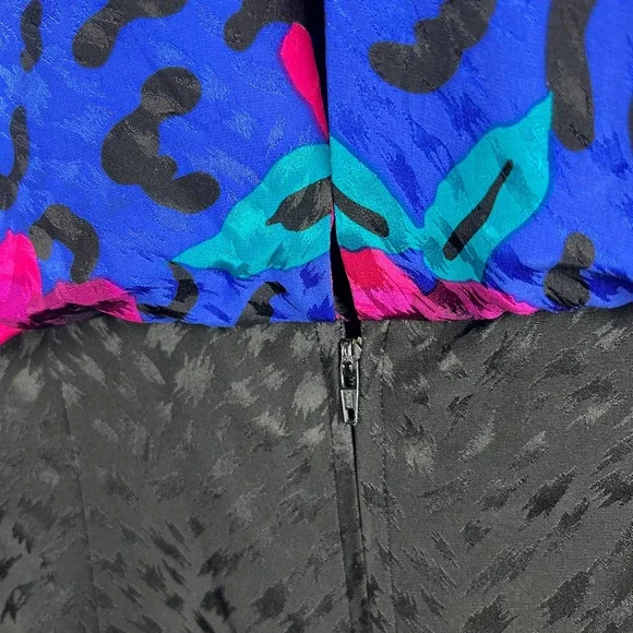 Vintage 80 A.J. Bari Blue Silk Party Dress Animal Print Floral Bow Designer Sz 6 - Picture 3 of 10